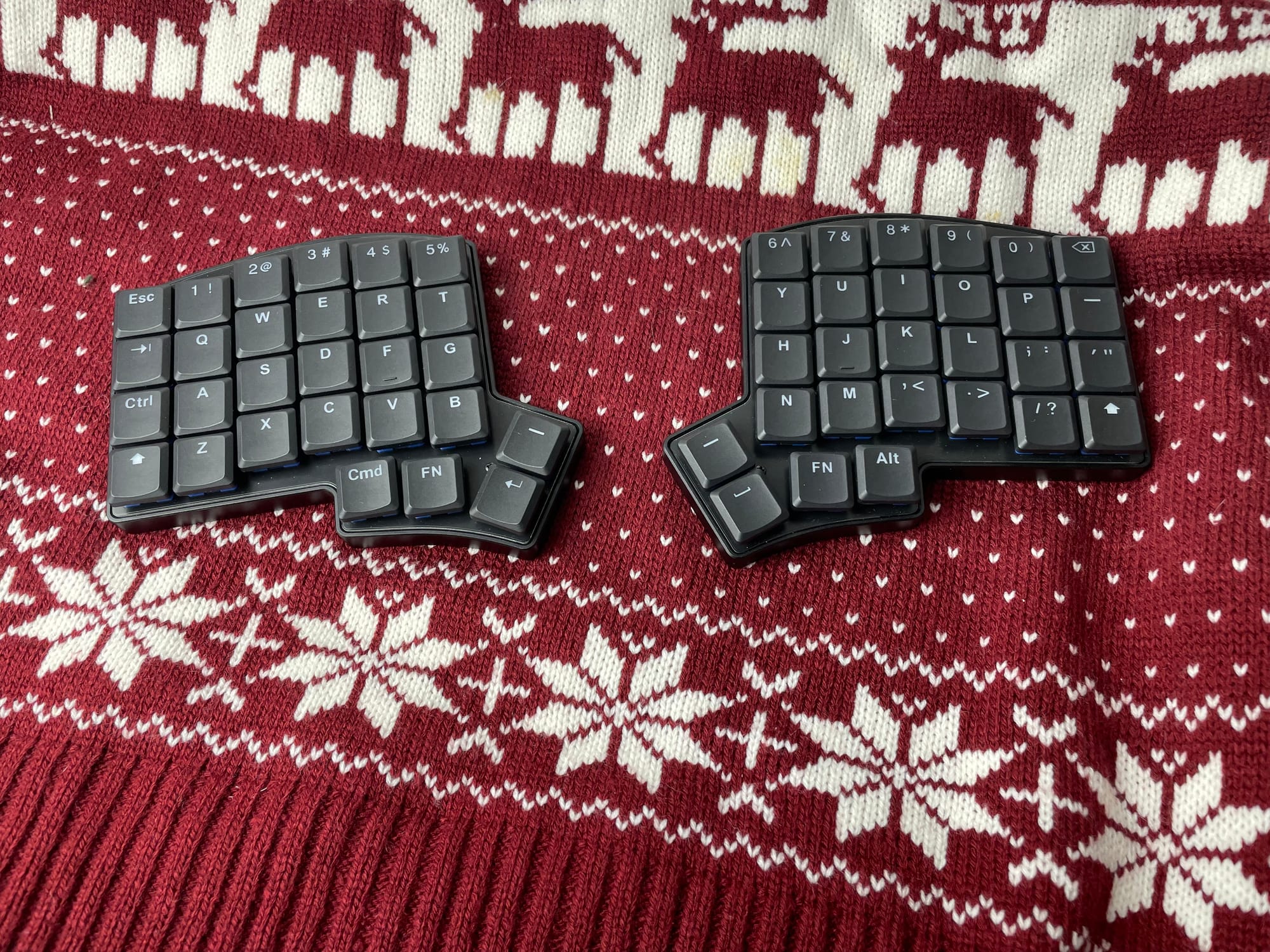 Keebio Iris LM on top of an knit holiday sweater